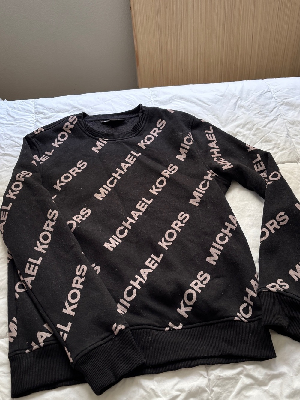 Michael Kors Black Crewneck Sweater with Light Pink Logo Print Size M